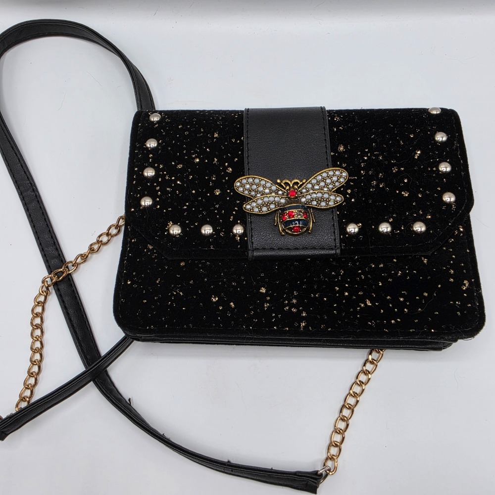 Olivia Miller Black Velvet Jeweled Bee Crossbody Bag Gold Glitter Studded Purse